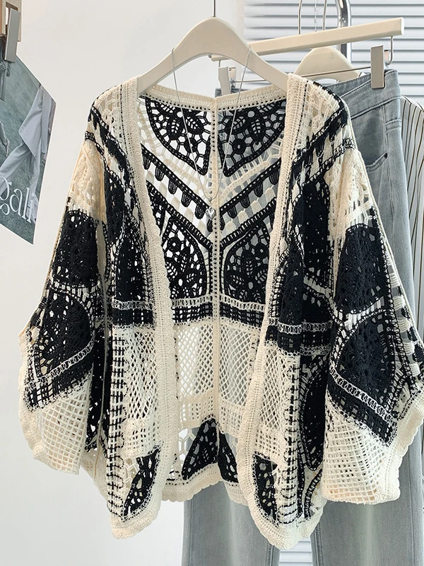 Korean Style Hollow out Knitted Cardigan Versatile Ageless Short Sleeve V-Neck Daily Wear Female Spring Autumn Fashion