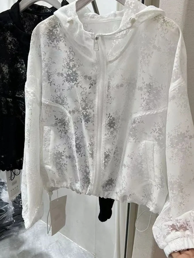 

plus Size Summer Lightweight Long Sve Hollow out Embroidery Hoodie Women's Sun Protection Outerwear Faionable Casual Top