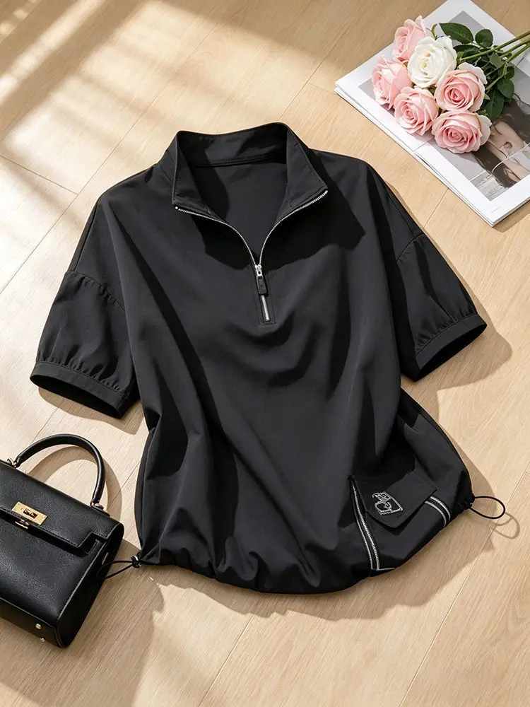 Versatile Half-Zip Hoodie Sweatshirt Women Short-Sleeve Summer Loose T-Shirt Pullovers White Black Tshirt Drawstring Tops Trend