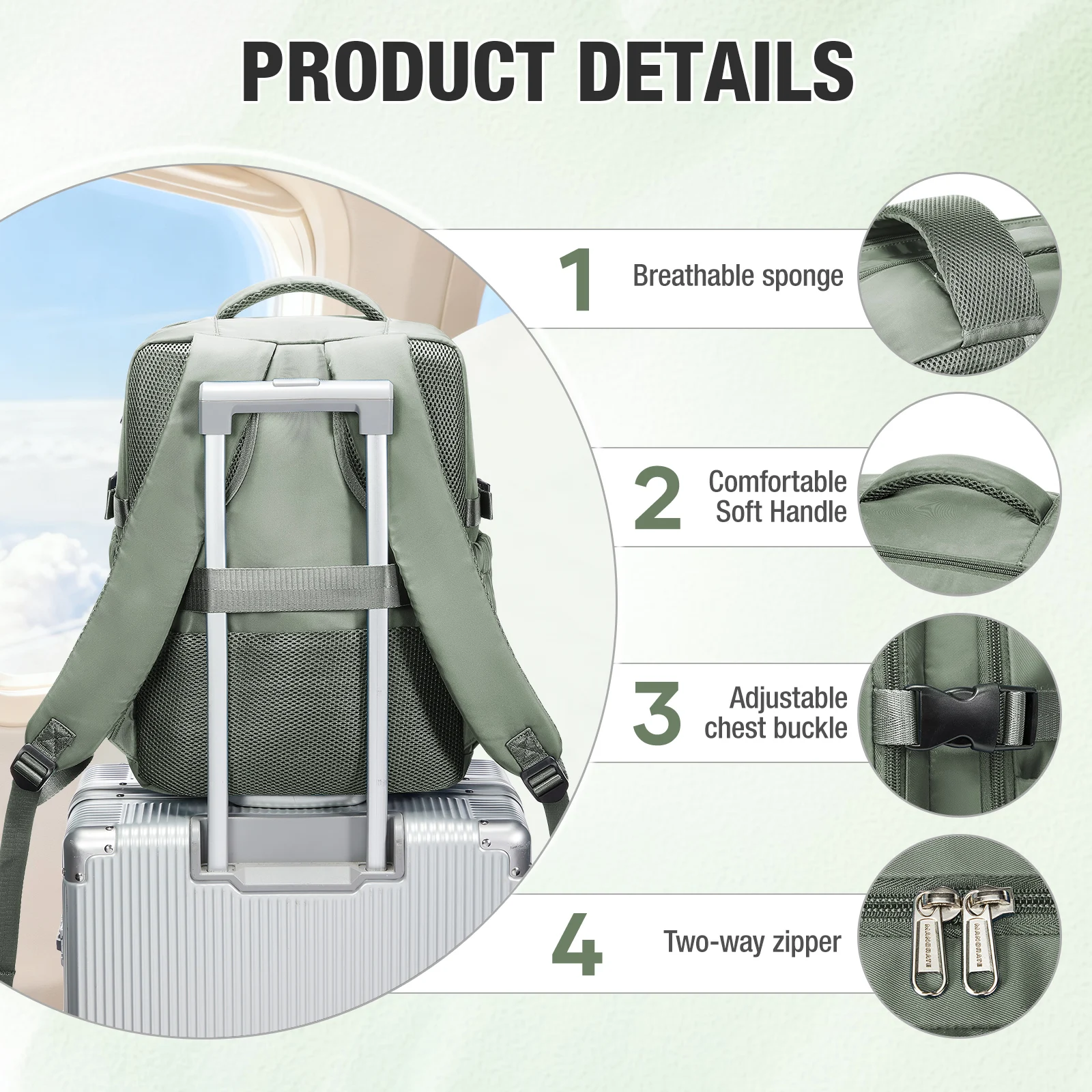 حقيبة ظهر للسفر على شكل طائرة مقصورة 40 × 20 × 30 حقيبة كابينة، حقيبة ظهر للنساء والرجال، حقيبة ظهر للكمبيوتر المحمول، حقيبة تخزين الملابس، حقيبة مدرسية