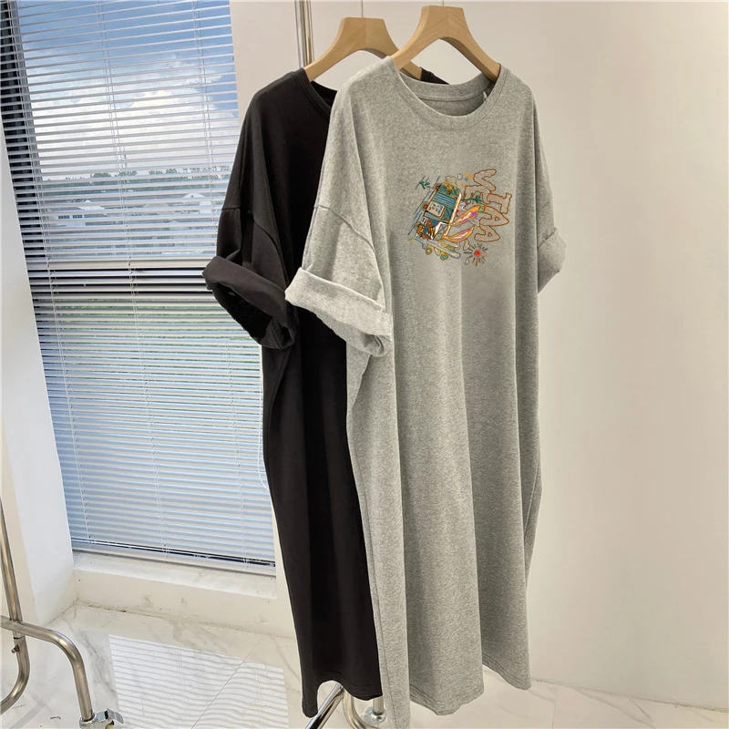 

plus Size Women's T-Shirt Summer New Style Casual Short Sleeve Overhead Dress Korean Version A-Line Skirt round Neck Mid-Length