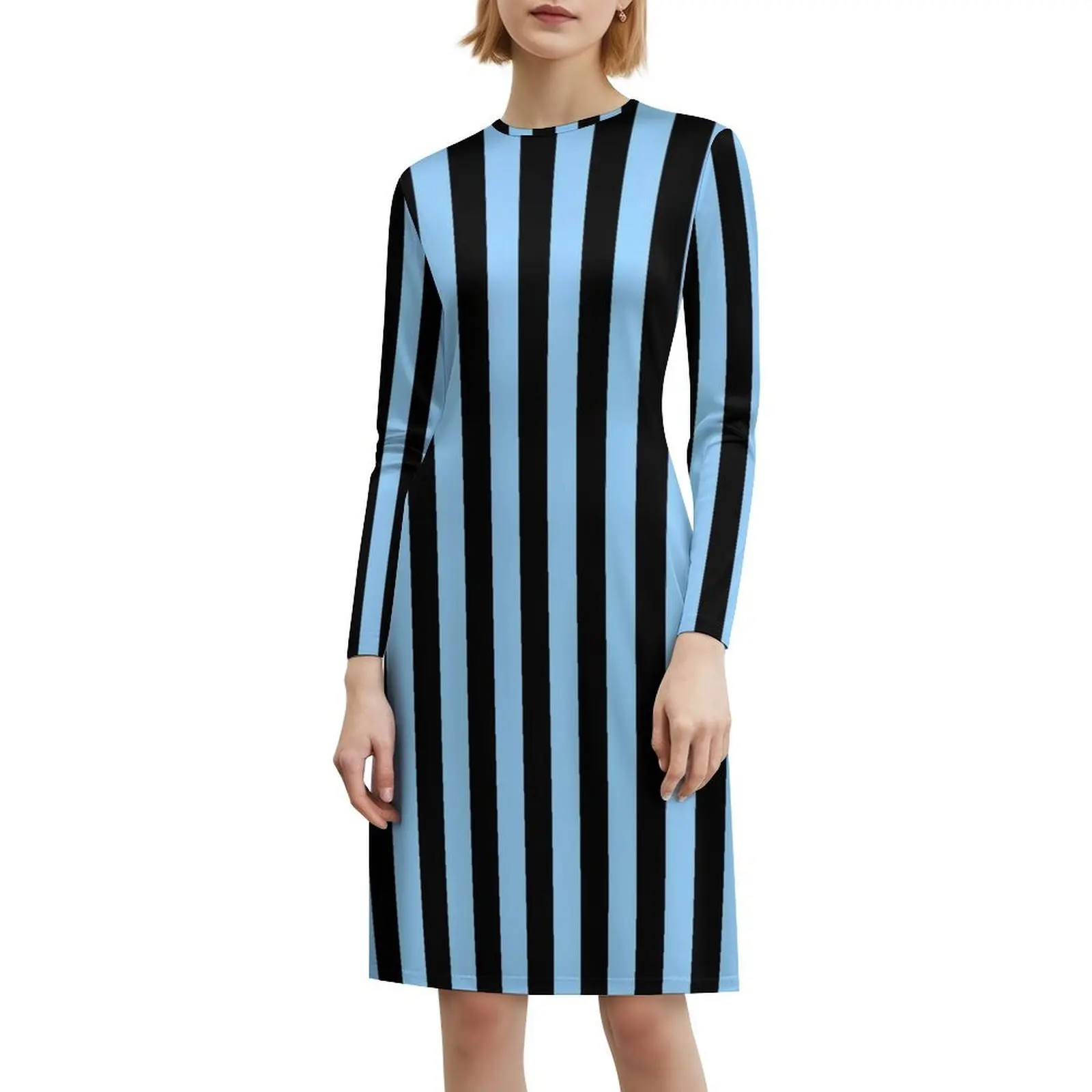خطوط سوداء وزرقاء سماوية |   خطوط عمودية متوسطة الحجم |   فستان على الطراز الكوري للنساء فستان كاجوال أنيق للحفلات أو اليومية