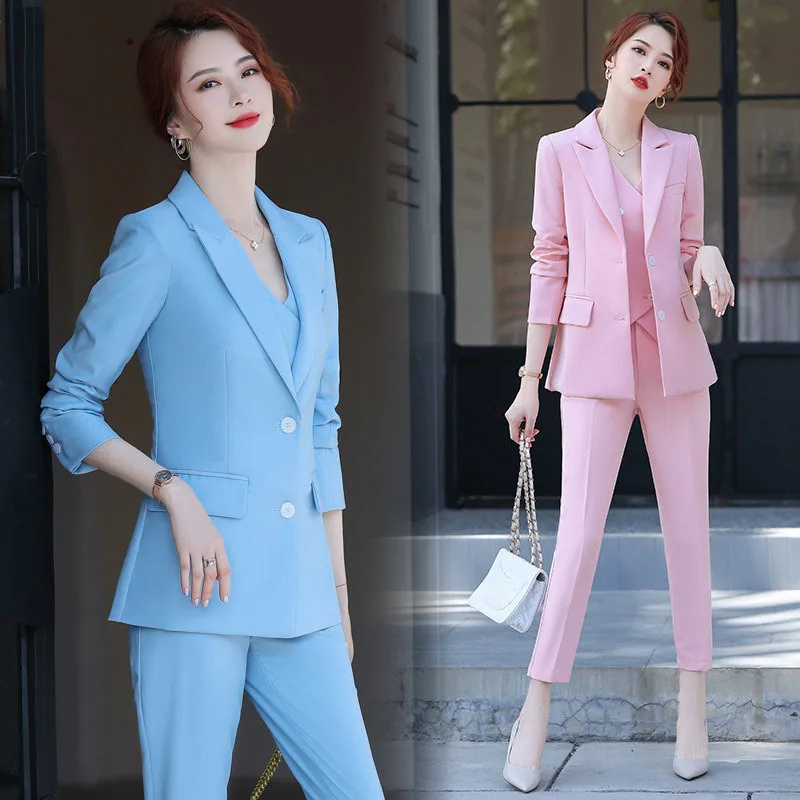 Pink Business Suit Sets for Women 3 Piece Blazer+Pants+Vest Formal Pantsuit for Interview Casual Women's Outfits ropa de mujer