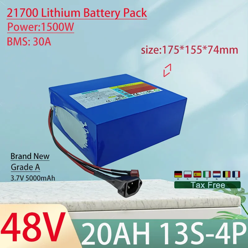 48V 20Ah 21700 13S4P Lithium Ion Battery Pack 1500W Power Tool Batteries Outdoor Backup Batteries With 30A BMS+54.6V 5A charger