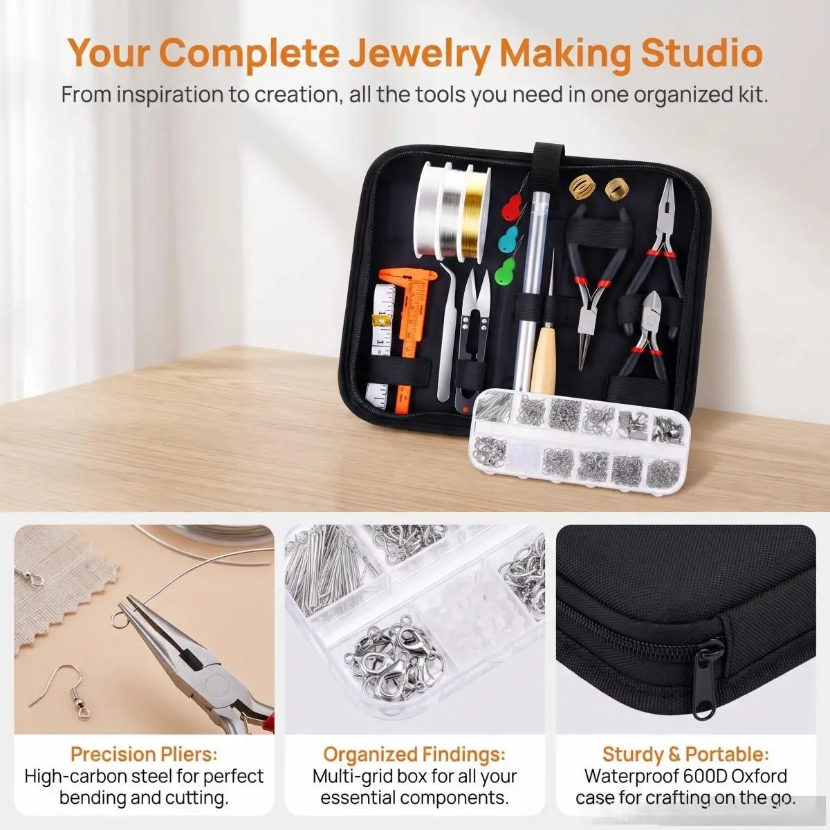 Professional Portable Beading & Jewelry Repair Tool Kit,Full Accessories Wire Jump Rings for Necklace Bracelet Earring DIY Creat view 3