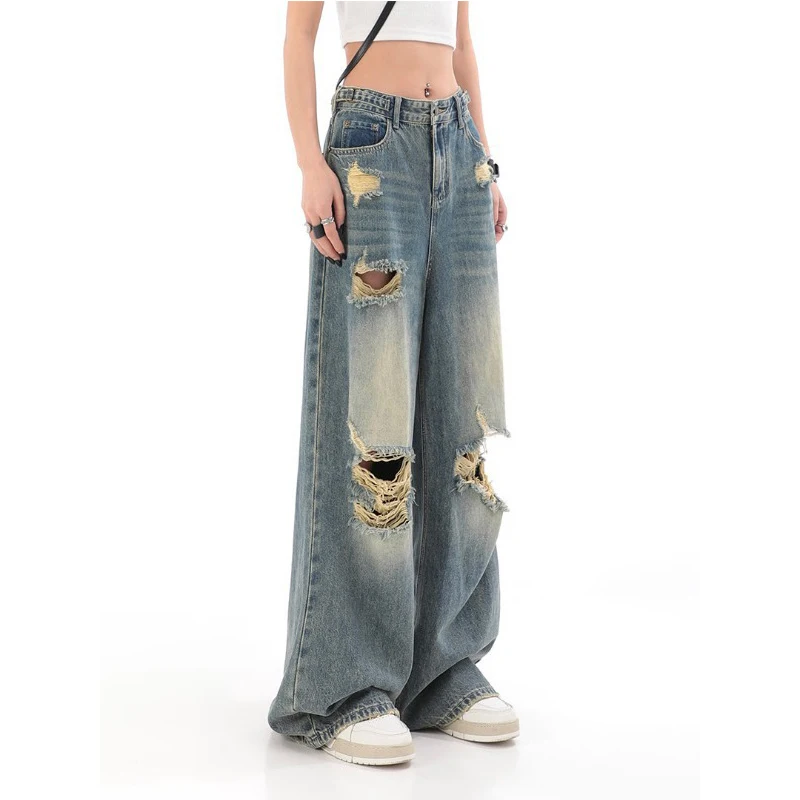 

Vintage Women Hole Blue Black Perforated Baggy Jeans Spicy Girls New Hip Hop Straight Wide Leg Denim Trousers