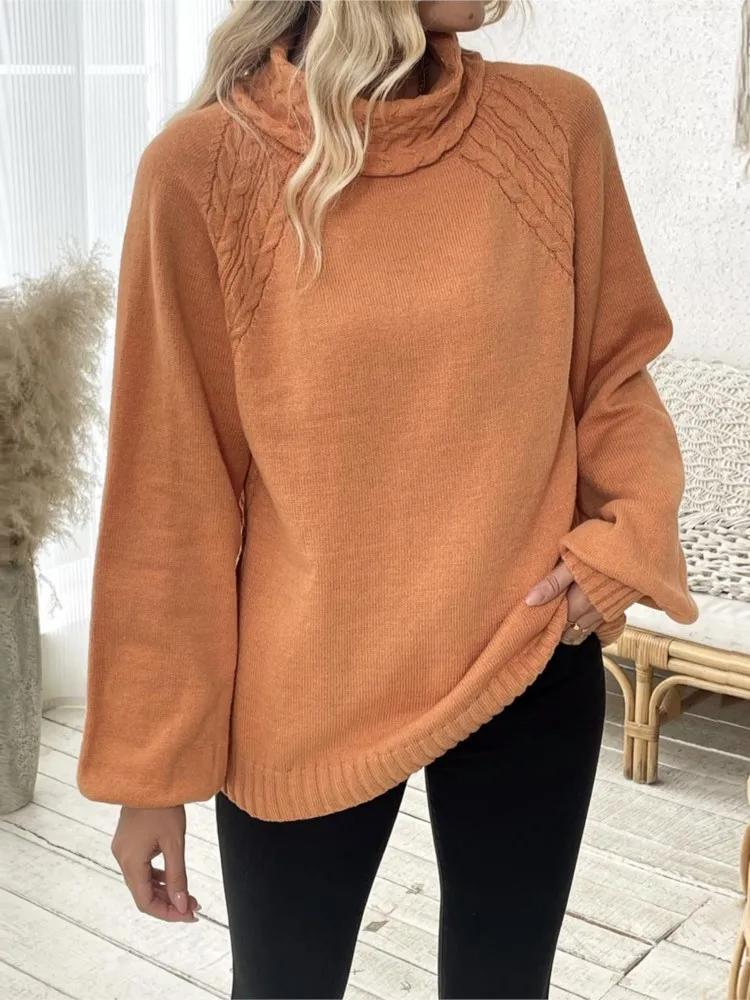 

Women's Autumn Winter Cable Knit Sweater Solid Color Long Sleeve Ribbed Knitted Half High Collar Pullover Loose Streetwear Tops