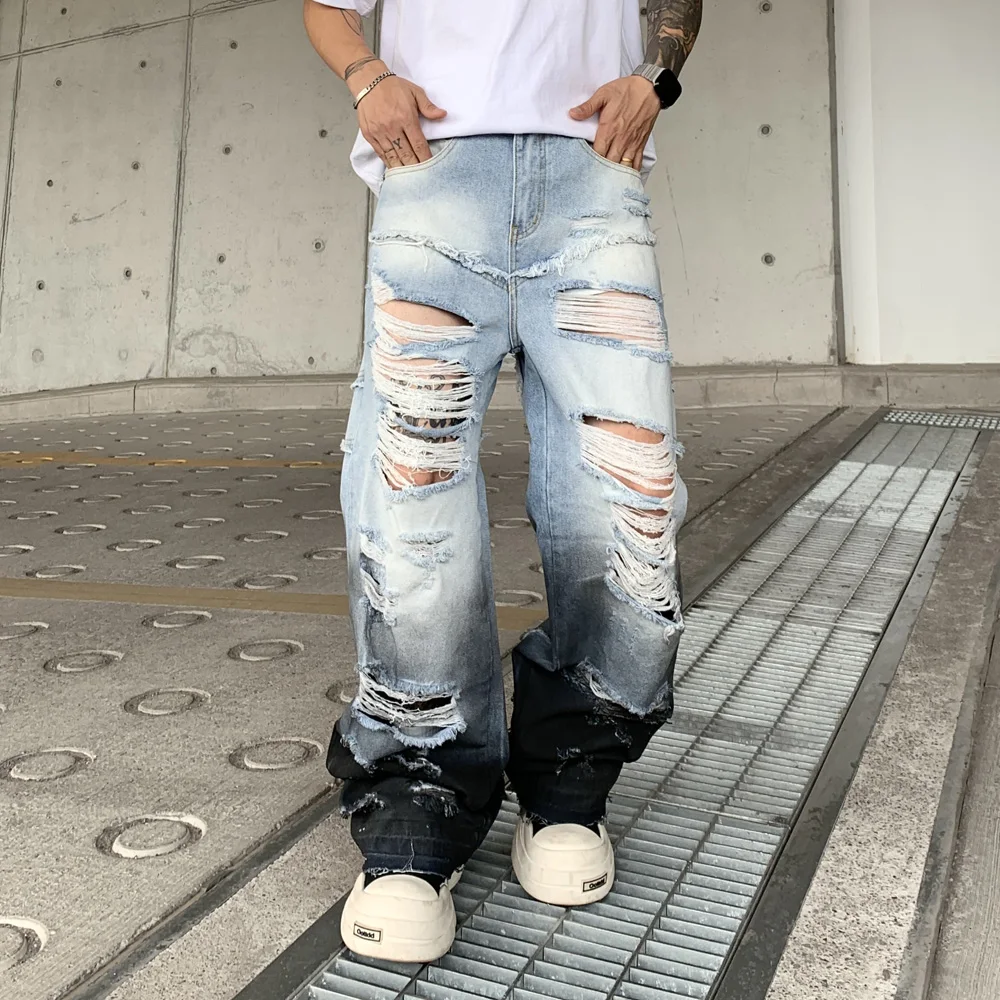 

Men Streetwear Fashion Hip Hop Loose Casual Distressed Hole Ripped Denim Baggy Jeans Pant Man Gradient Jeans Trousers