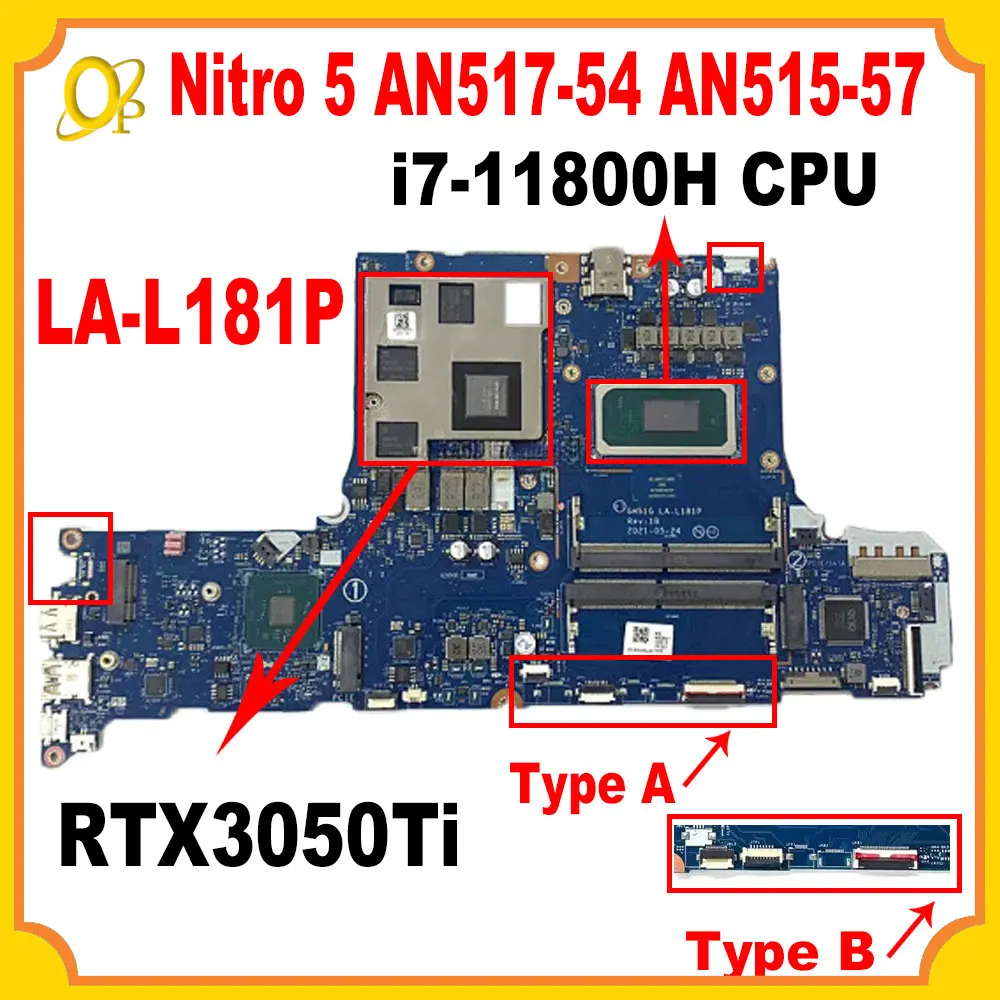 

GH51G LA-L181P материнская плата для ноутбука Acer Nitro 5 AN517-54 AN515-57 i7-11800H CPU RTX3050Ti 4G GPU полностью протестирована