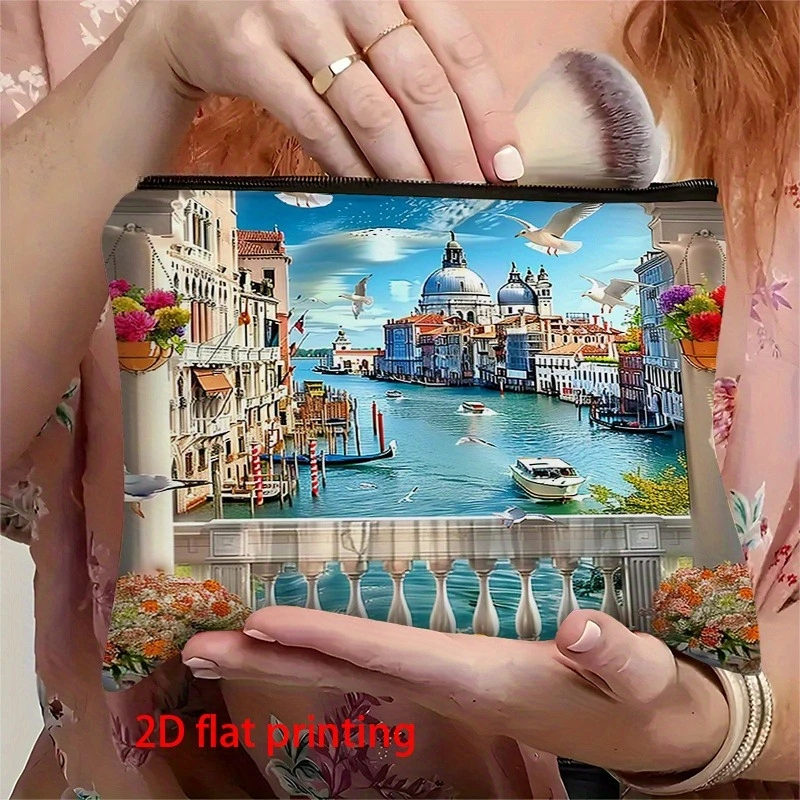1pc Venice Italy Travel Bag - Venice Canal Print Tote with Zipper Closure,Vibrant Venetian Landscape Design