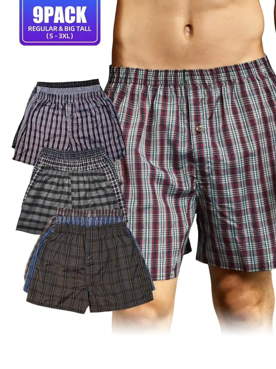 Mens Cotton Blend Boxer Shorts 6 Pack Plaid Pattern Button Fly Elastic Waist Comfortable Underwear