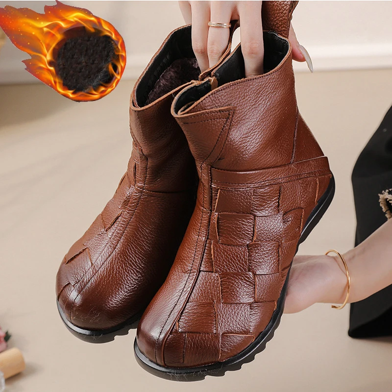 Neue Damen-Schneestiefel mit niedrigem Absatz, Markenschuhe, Winter-Knöchelstiefel zum Überziehen, warme Plüschschuhe für Damen, luxuriöse Damenmode, breite Stiefeletten – Detail 28