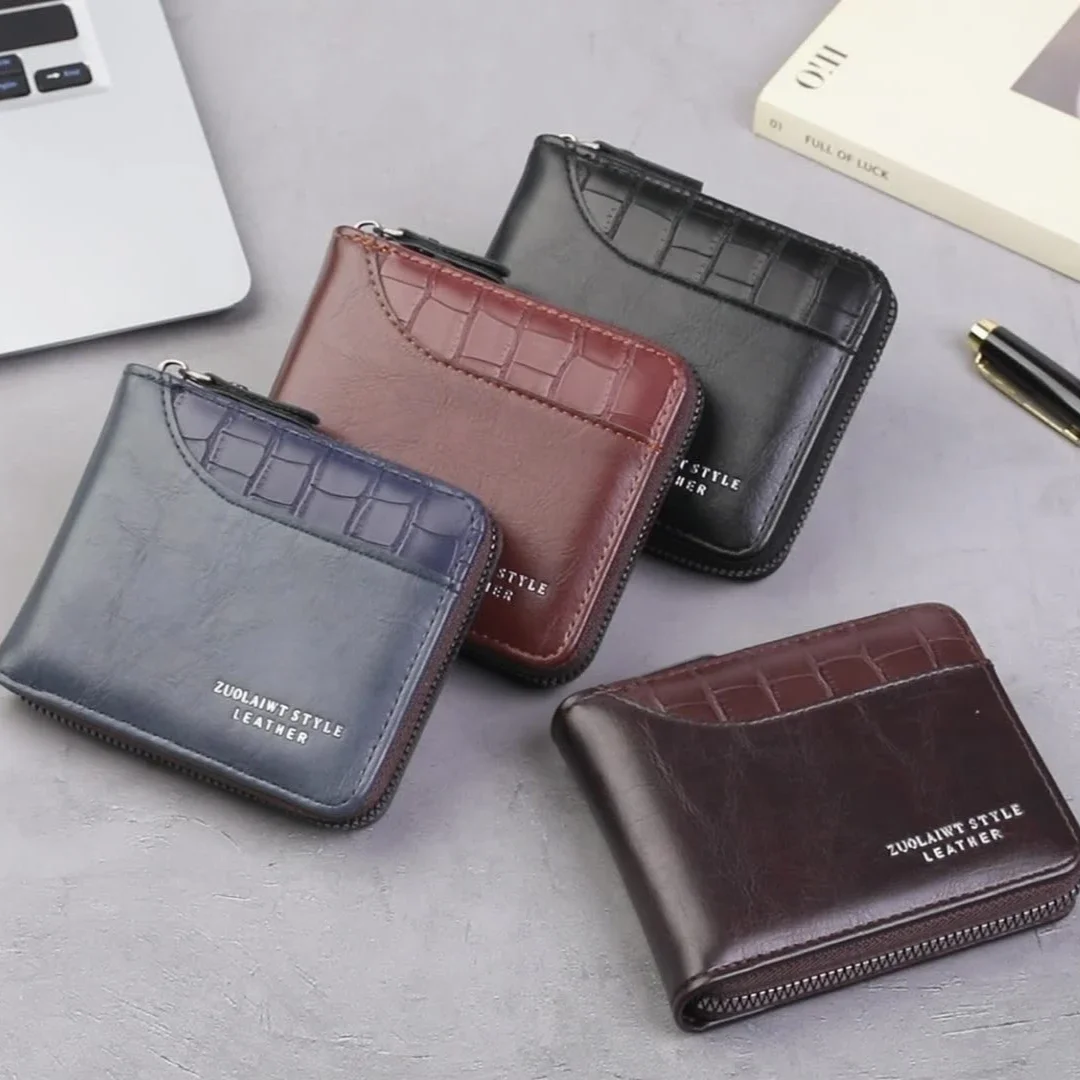 Men's Trifold Purse Multifunctional Large Capacity Card Holder with Crocodile Pattern Zipper Closure Stitching Daily Accessory