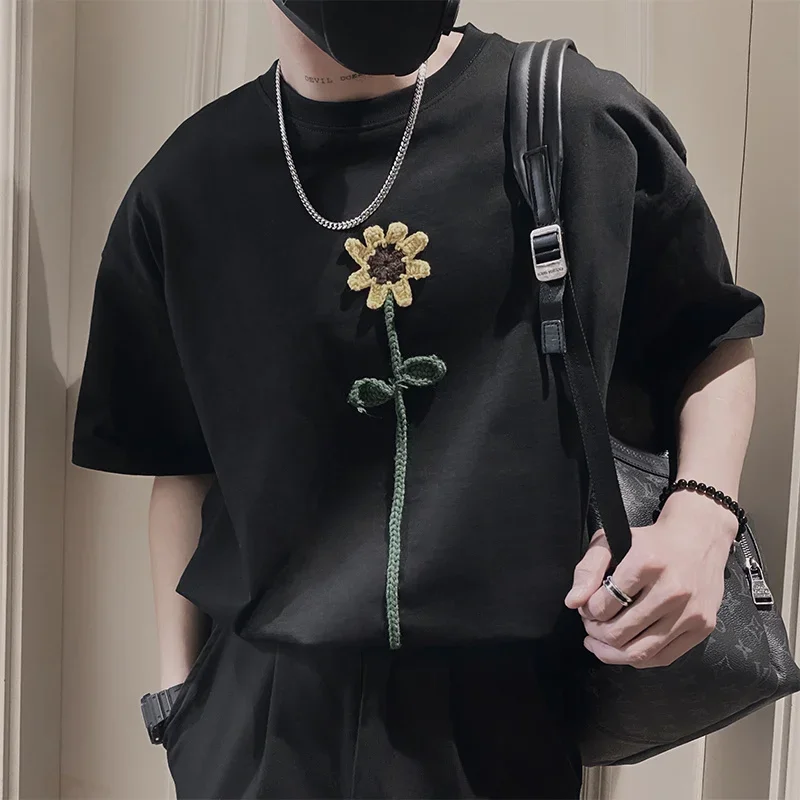 Summer Sun Flower Decorative Pattern Short Sleeve T Shirt Men Vintage O-neck Tops Tees Streetwear Casual Funny T Shirt