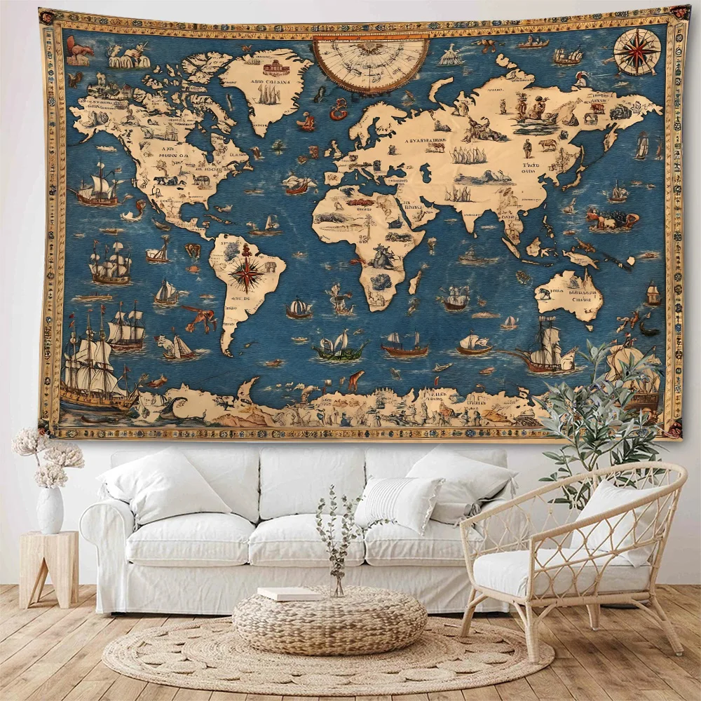 Vintage Nautical World Map Background Decoration Tapestry Ancient Nautical Map Tapestry Home Decoration