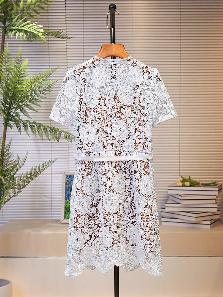 Women Light Blue Dress Lace Hollow Out Single Breasted O-Neck Short Sleeve Beaded Sweet Summer 2024 Mini Robe with Belt