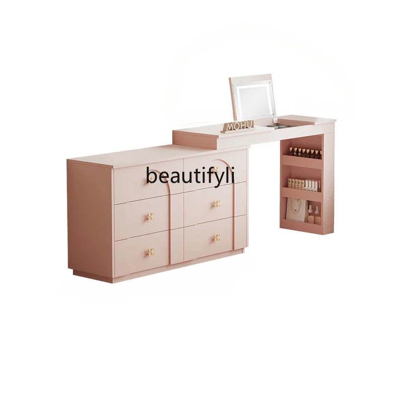 Dopamine Pink Flip Dressing Table with Six Drawers Integrated Storage Wardrobe French Bedroom Rear Storage Corner Table