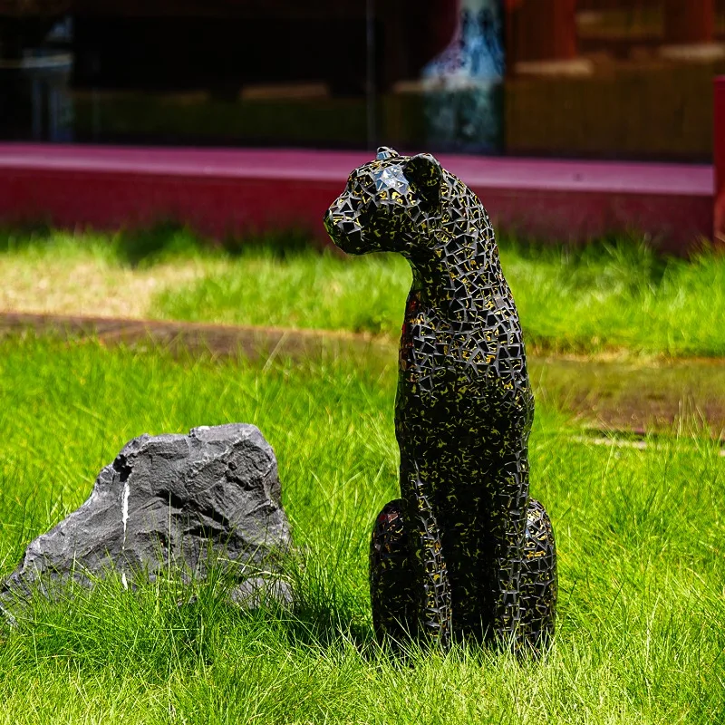 Black Gold Glass Patch Leopard Sculpture Living Room Office Floor Decoration Figurine Sofa Side Home Decor Statue Animal Model view 2