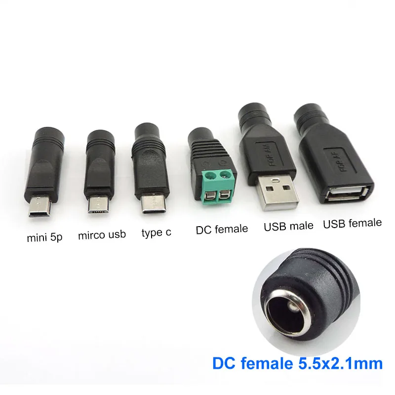 USB Mini 5pin A Male Female Mirco Type C to dc female Connector 5.5x2.1mm Power charger converter Adapter Jack Plug for Laptop