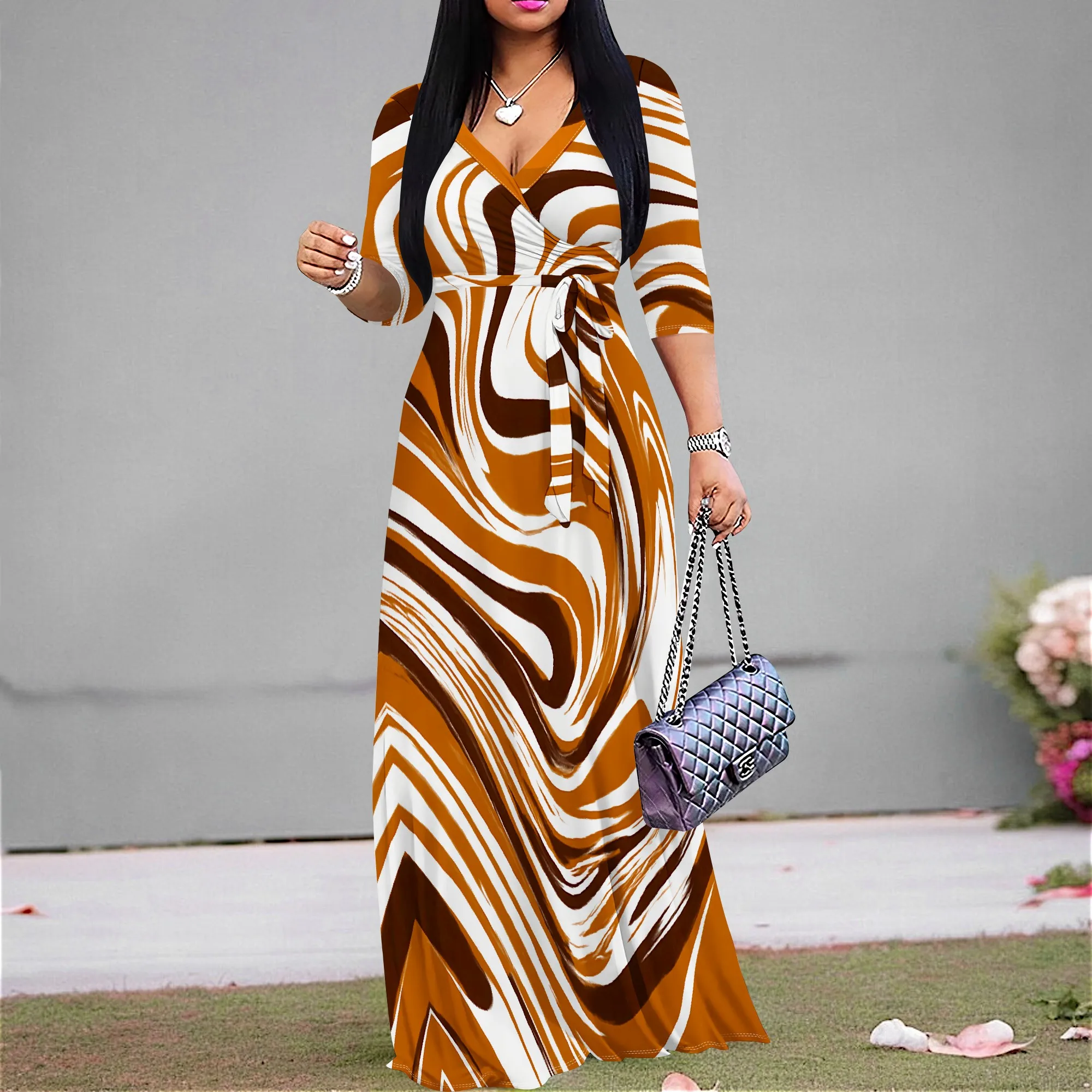 

Marble Swirl Print Maxi Dress S-3XL V-Neck Belted for Fall Brunch, Art Show or Evening Gala