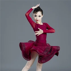 Burgundy Latin Dance Dress For Girls Competition Clothing Cha Cha Rumba Dance Clothes Practice Performance Costume Sets DNV22276