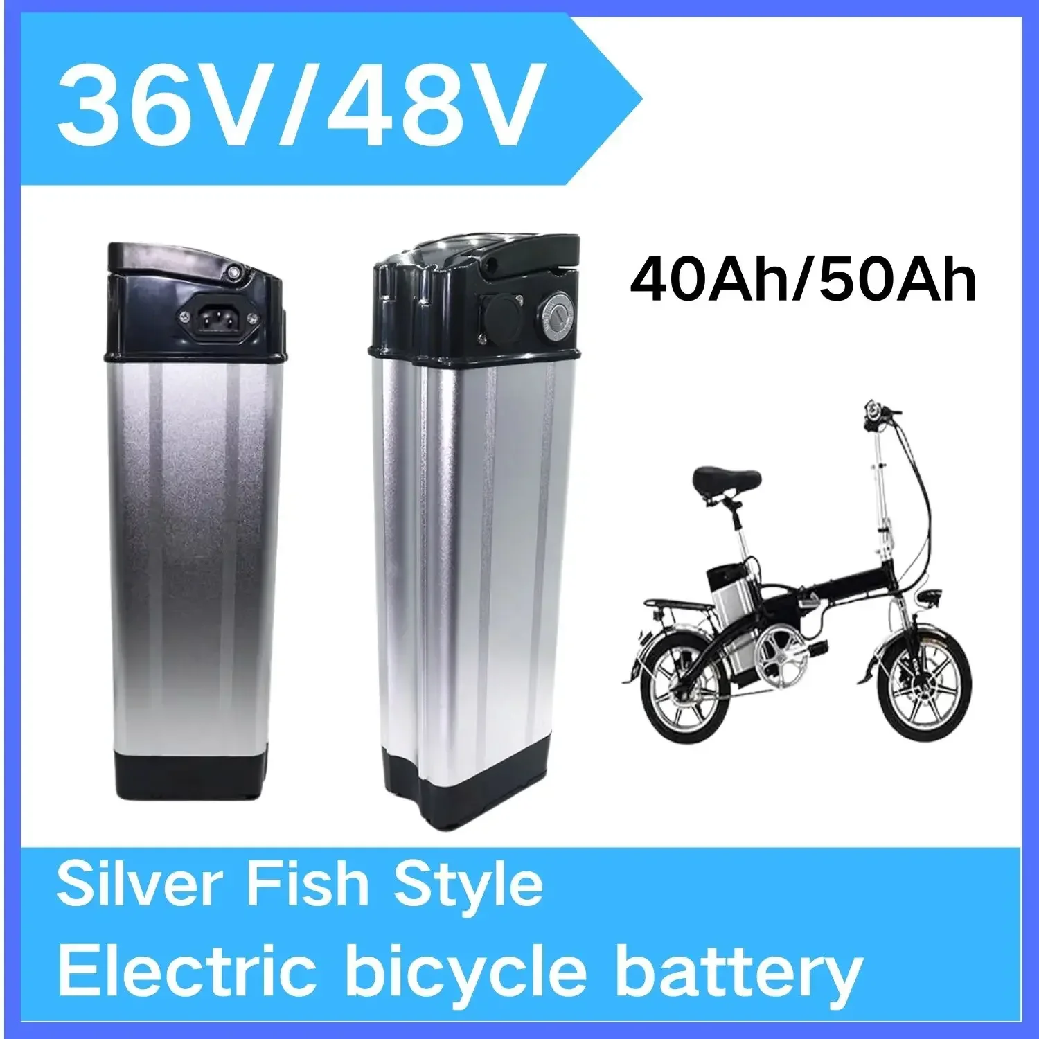 36V 48V   40ah 50ah Silver Fish Style Electric Bike Battery 48V for Lithium Battery with Aluminum Case Anti-theft Lock