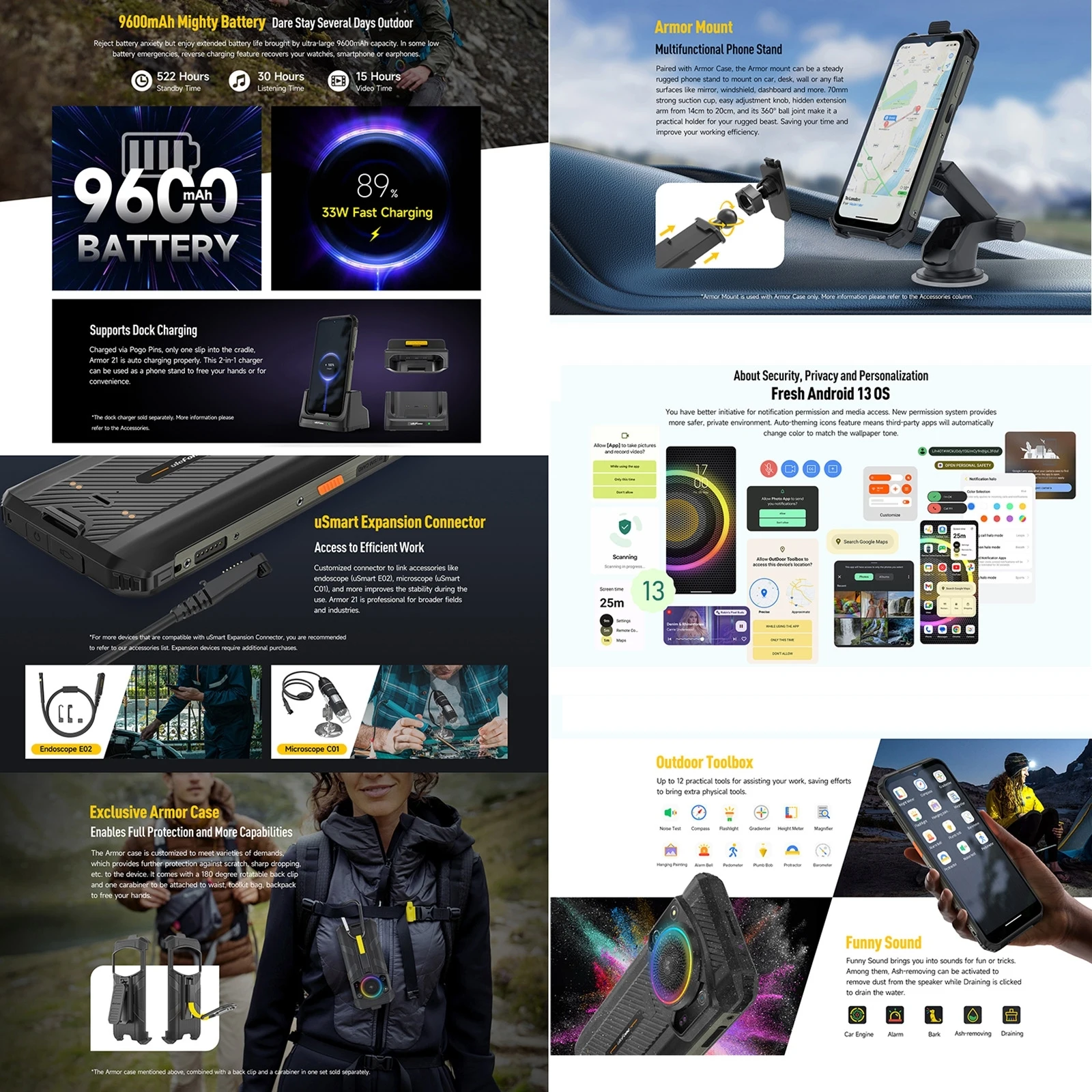 Ulefone Armor 21 8GB + 256GB هاتف متين للرؤية الليلية 9600mAh 6.58 بوصة أندرويد 13 Helio G99 NFC 4G الهاتف الذكي الإصدار العالمي