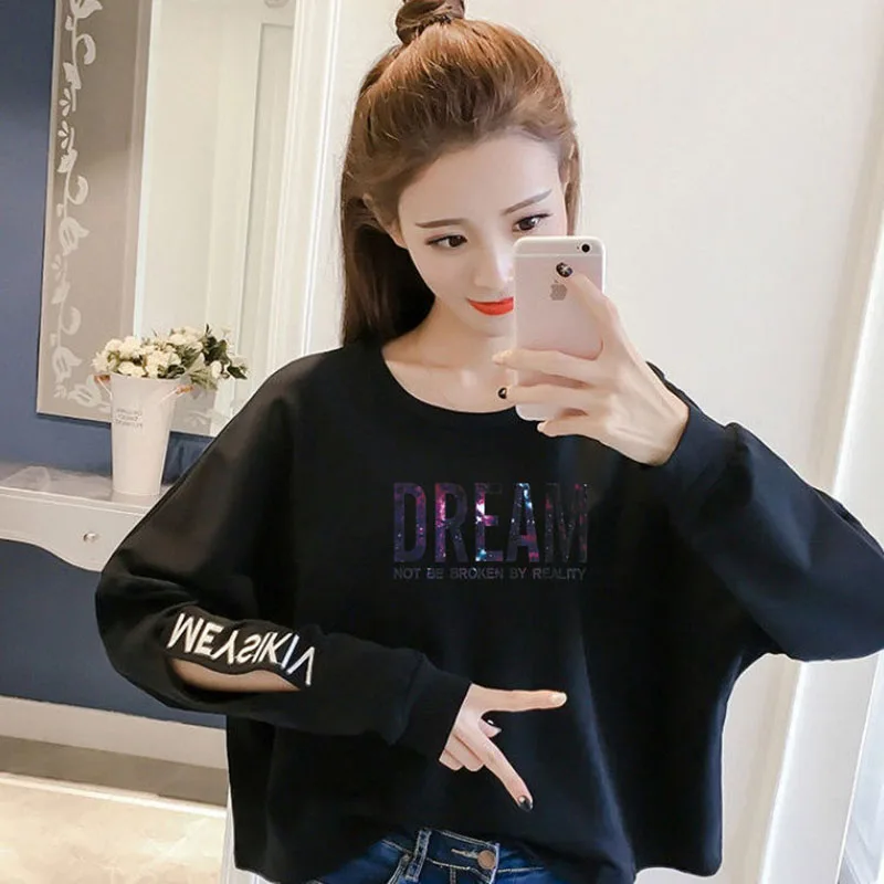 Fashion Embroidery Hollow Out Letter Casual T-Shirt Female Clothing 2023 Autumn New Oversized Korean Tops All-match Tee Shirt