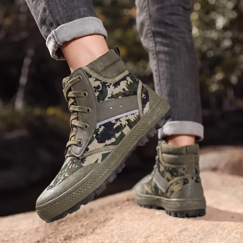 Men High‑Top Camo Work Boots Canvas Upper Lace‑Up Rubber Outsole Non‑Slip Wear‑Resistant Outdoor Hiking Labor Single Boots