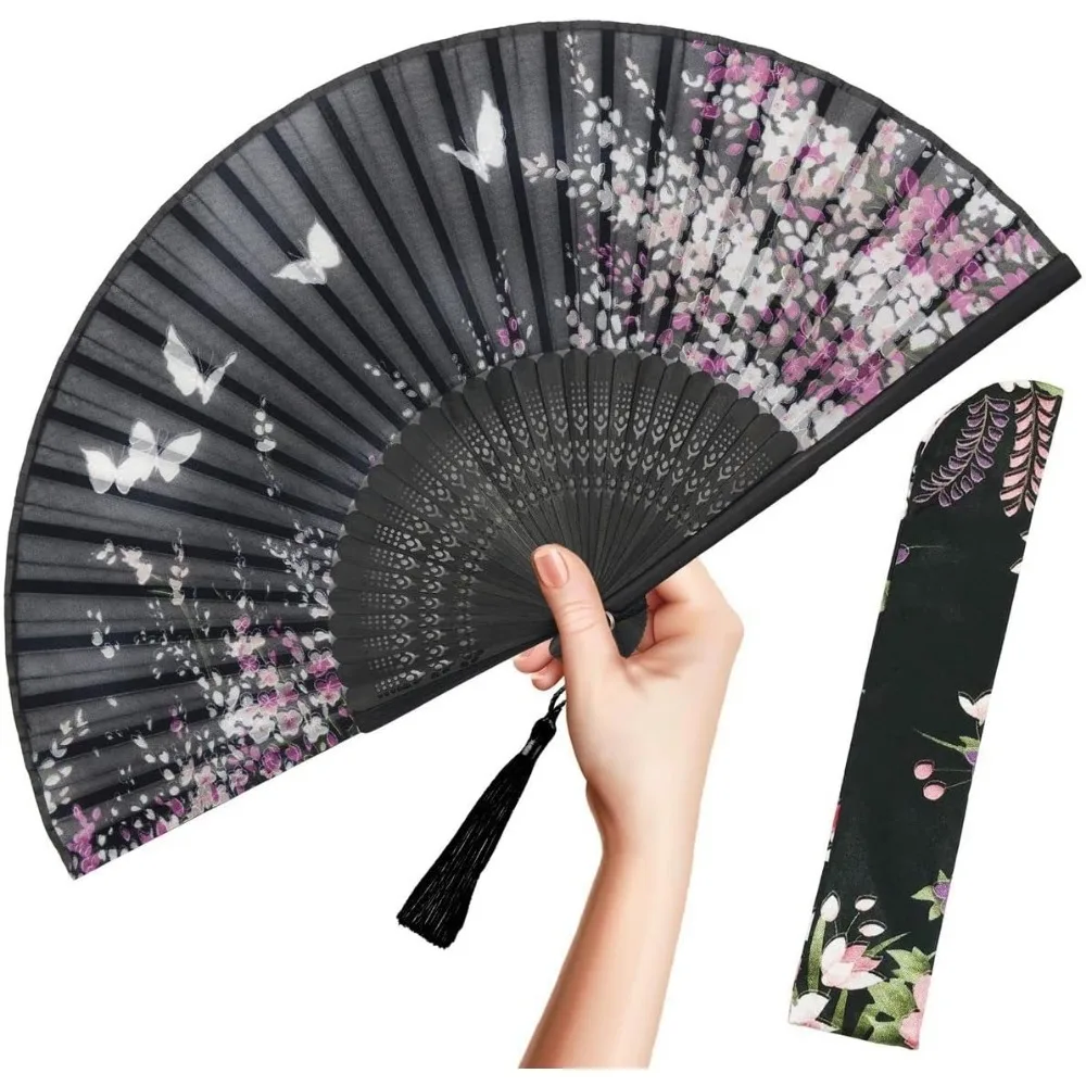 Abanico de mano plegable para mujer, abanico plegable de seda de bambú vintage japonés chino, para flash caliente, iglesia, electroerosión, festival de música, par