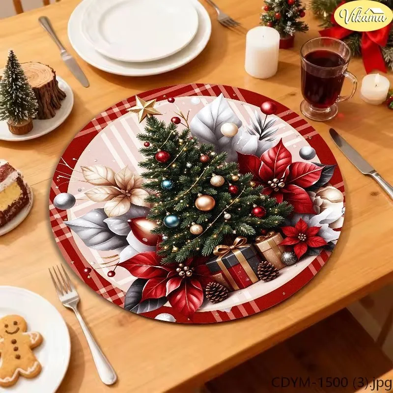 VIKAMA Washable Round Christmas Placemat, Red White Gingham Red Cardinal Bird Scarf Poinsettia Berry