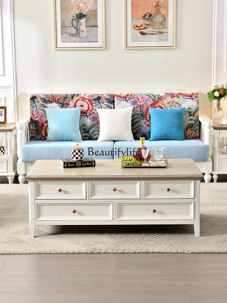 

01American white cream style solid wood coffee table walnut wood country style multi-drawer living room furniture