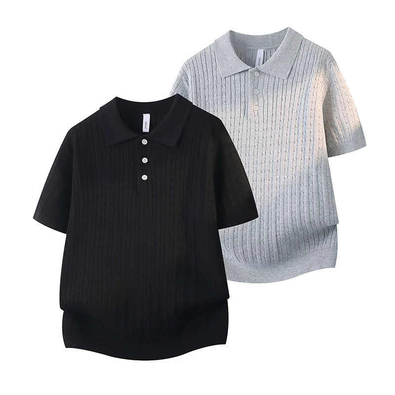 Summer Striped Mens T-Shirt Casual Lapel Short-Sleeve Button-Down Men Knit Blouse Light Luxury Comfort Y2K Outdoor-Homewear Tops