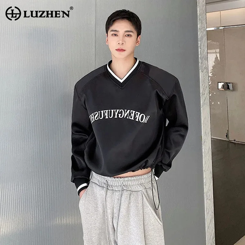 LUZHEN V New Color Contrast 2026 Neck Loose Spring Short T-shirts Pullover Men's Fashion Handsome Casual Long Sleeve Tops JY8450