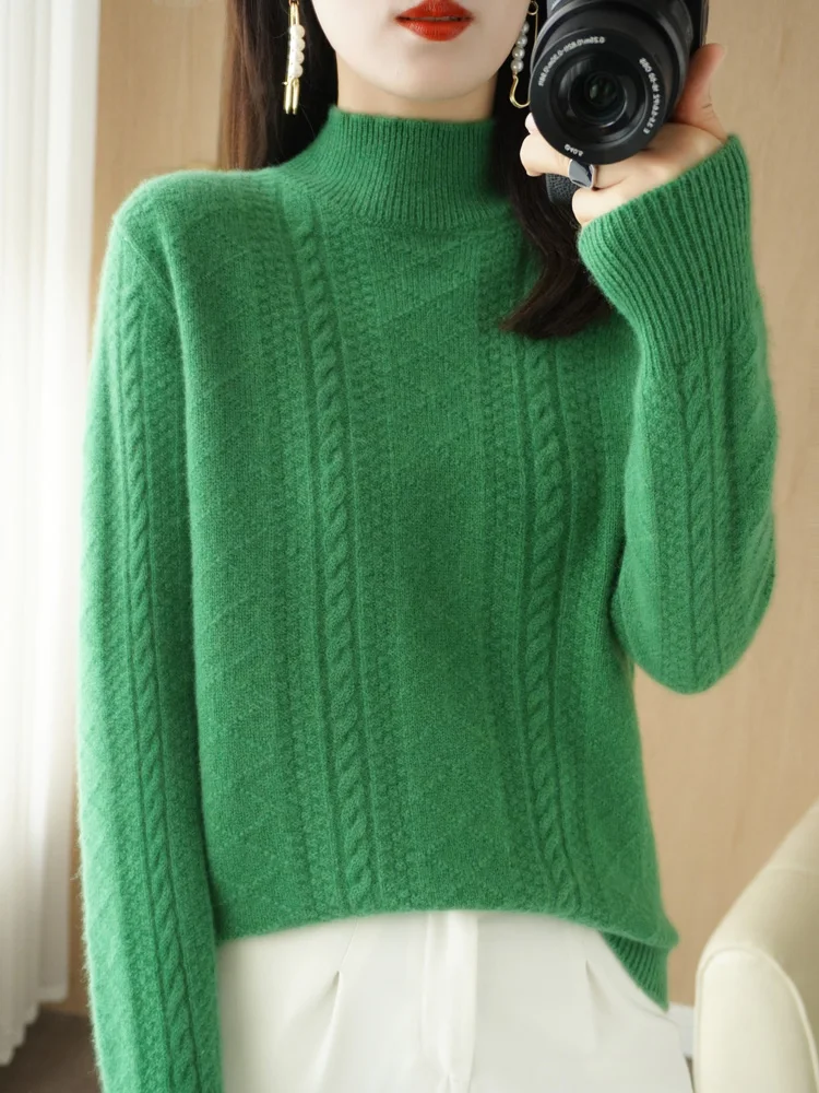 Women 100% Merino Wool Sweater Mock Neck Thick Pullovers Autumn Winter Warm Soft Twist Cashmere Knitwear Korean Fashion Tops