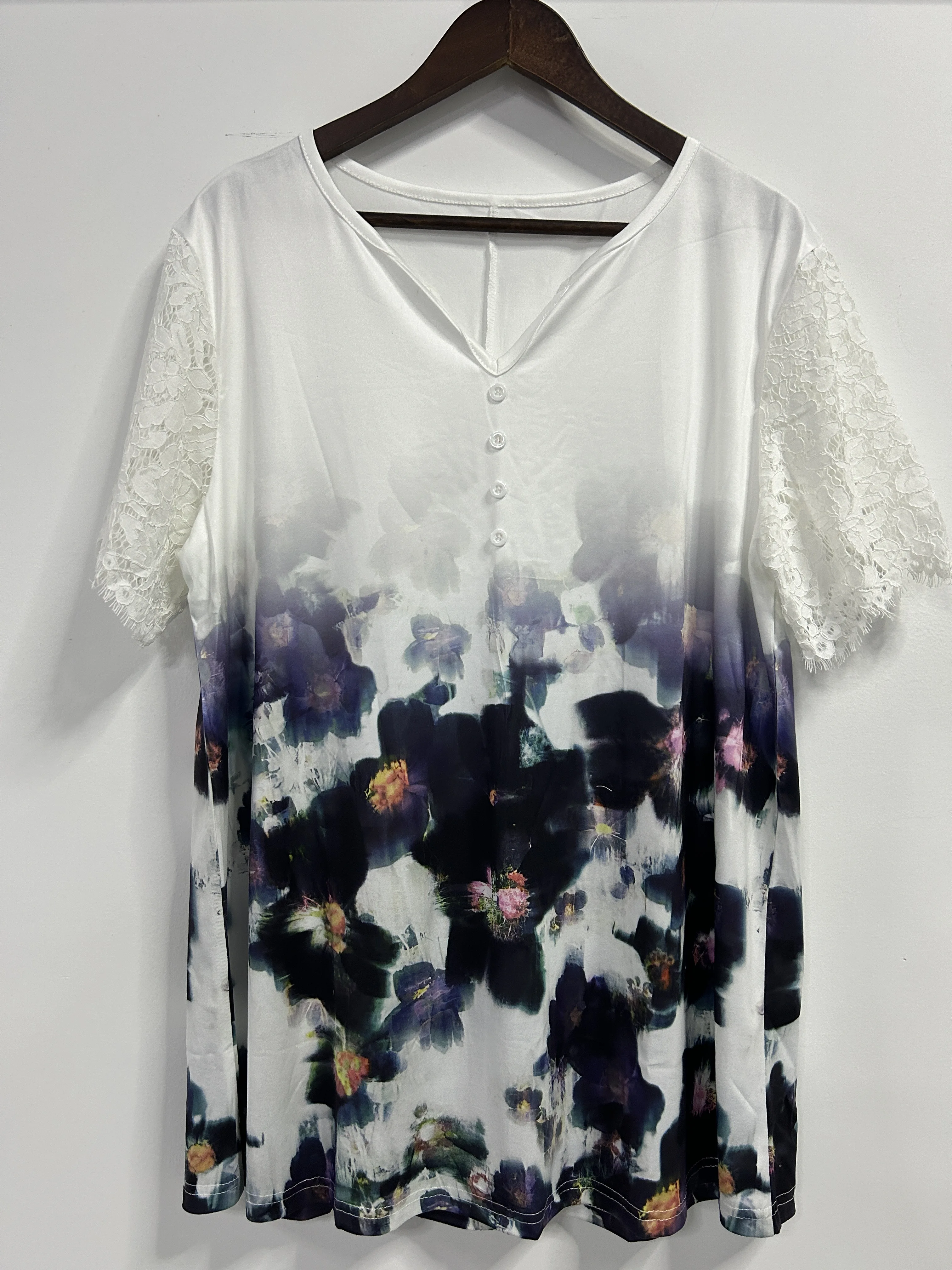 Top con estampado Floral de talla grande para mujer, Top de manga corta con cuello de muesca de encaje de contraste informal, ropa de talla grande