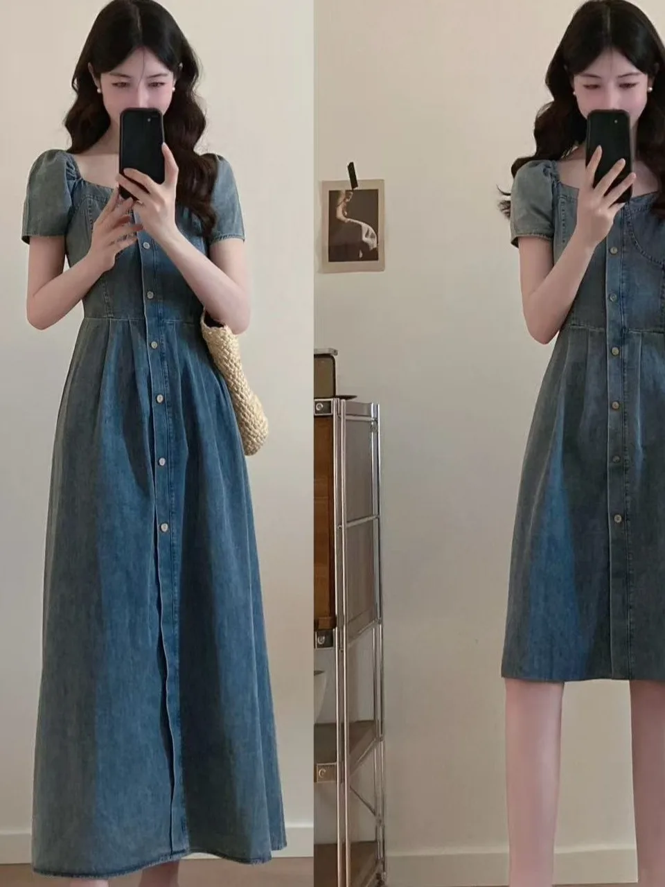 

plus Size Elegant Gentle Style Square Collar Denim Bubble Sleeve Single Button Slimming Waist A-Line Dress Casual Summer