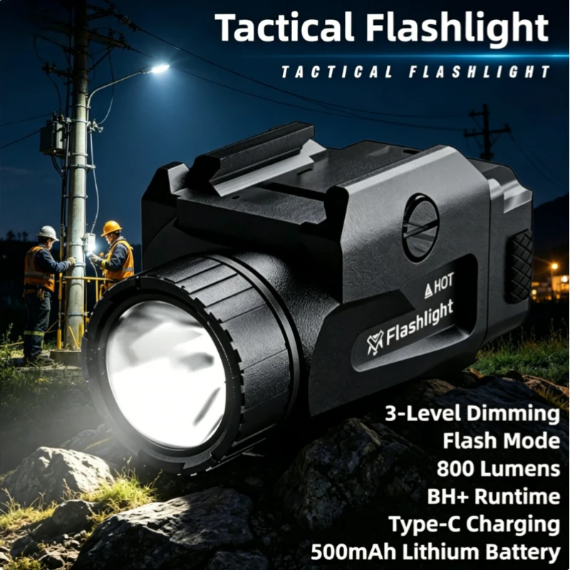 

High Power 800LM Tactical LED Light, USB Rechargeable 4 Mode Lamp, Quick Release Fit Picatinny Rail Outdoor Accessories