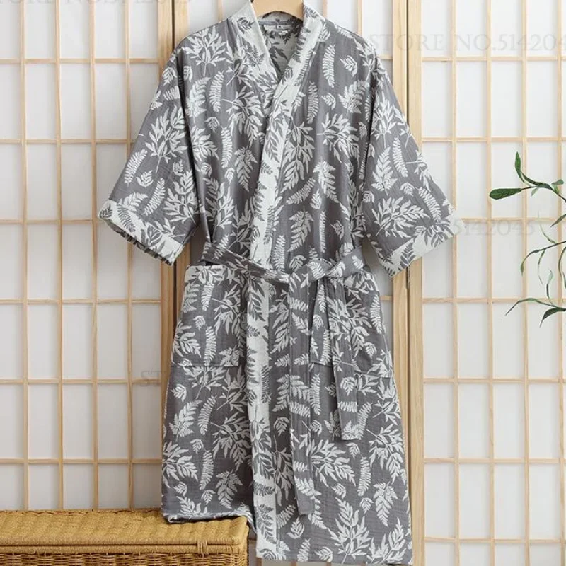 

Хлопковое кимоно для пар, халат, весна-лето, новая одежда для сна, ночная рубашка, свободное повседневное домашнее платье, домашняя одежда, пеньюар с принтом листьев