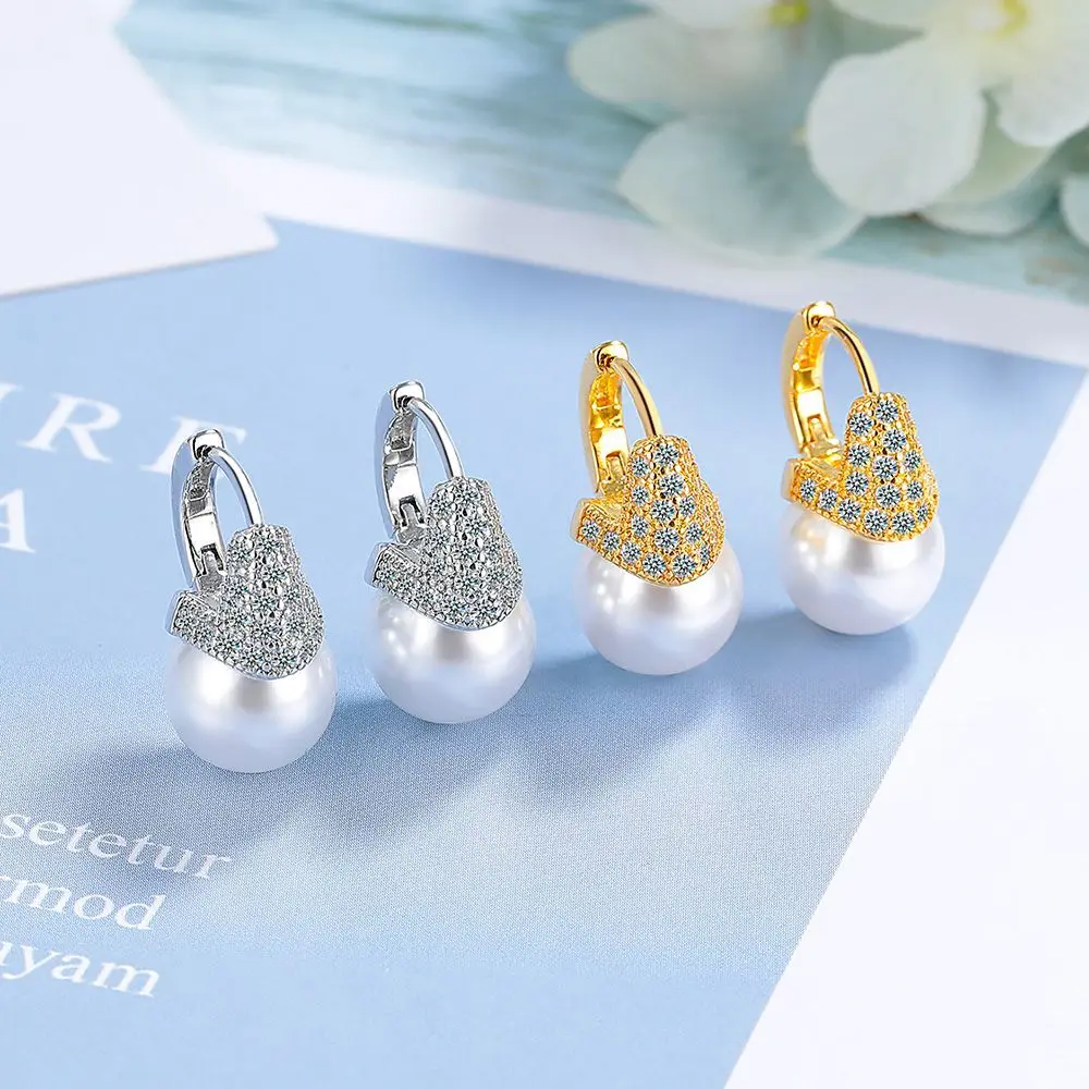 

925 Sterling Silver Fashion Gold Color Sparkling Diamond Zircon Large Pearl Earrings Birthday Wedding Anniversary Party Gift