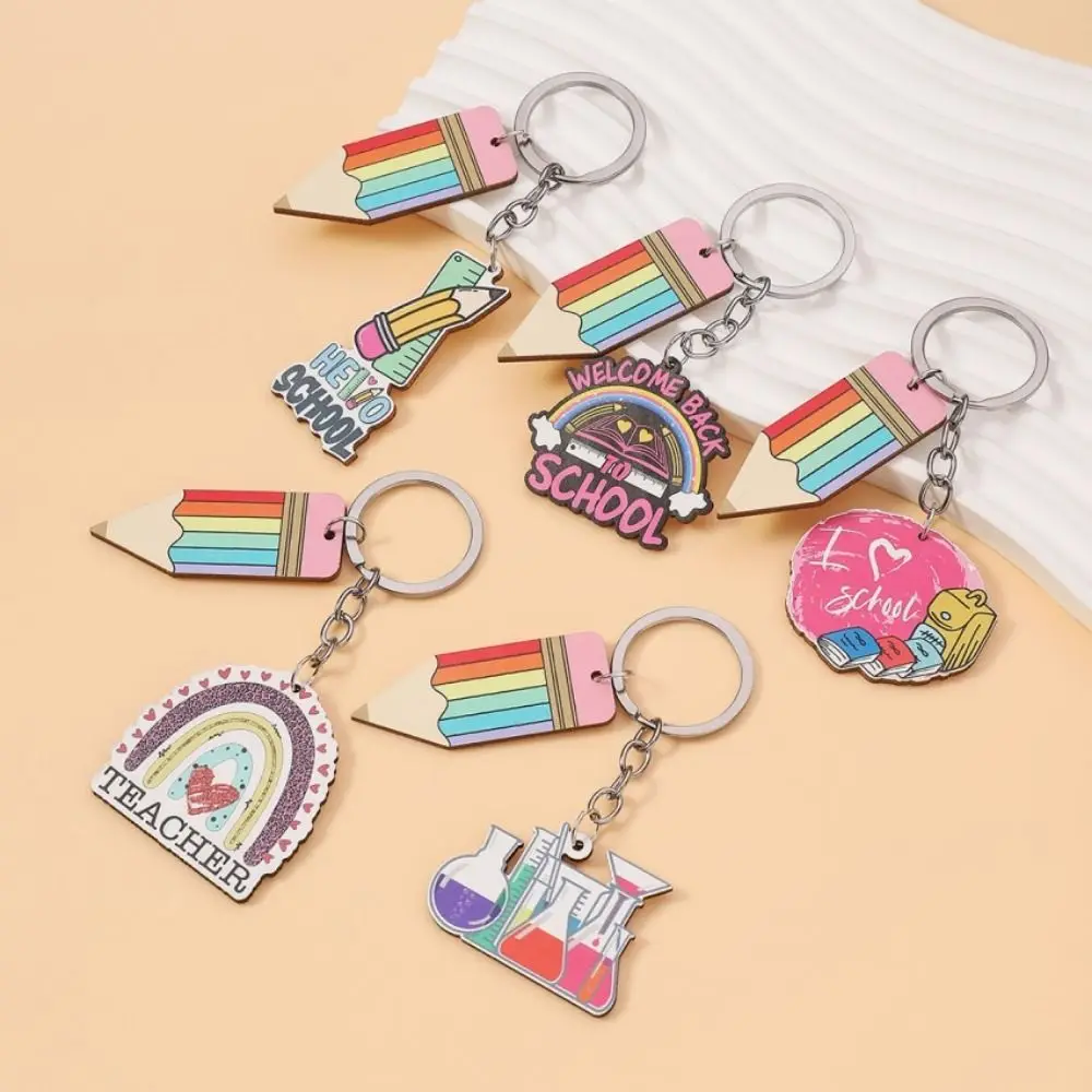 Wooden Teacher's Day Keychain Pencil English Letter Text Keychain Pendant Charm Rainbow Pen Holder Key Ring Teacher's Day Gift