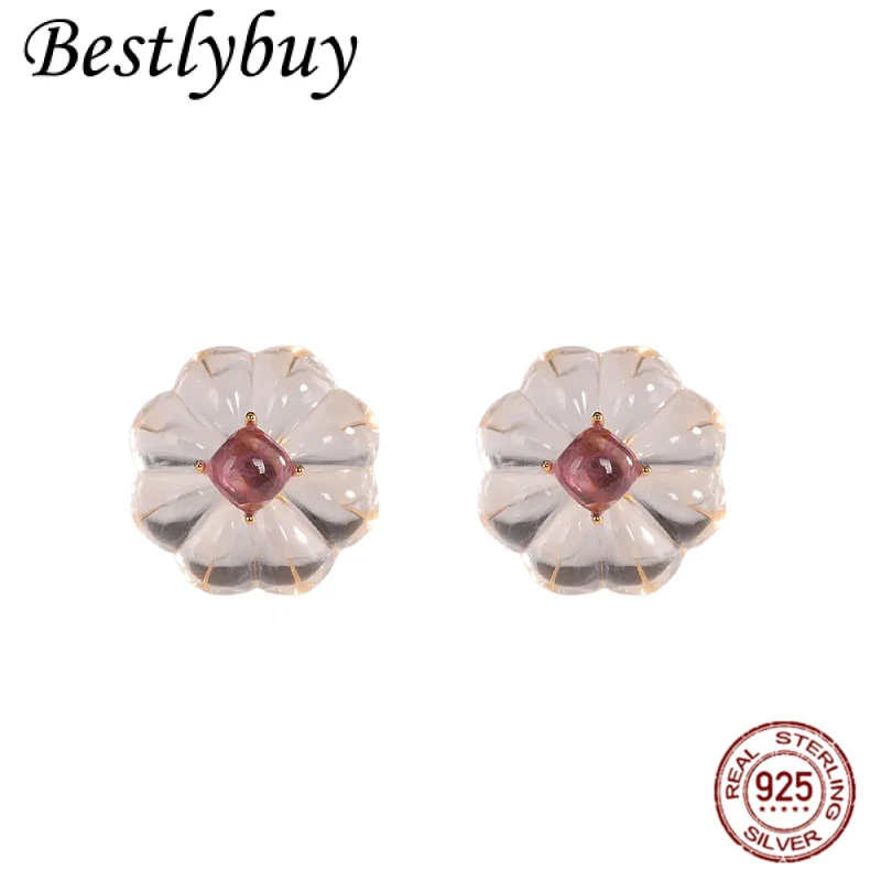 

S925 Silver Gold-plated Natural White Crystal Fashionable Design Red Garnet Three-dimensional Flower Earrings Women's 2026 NEW