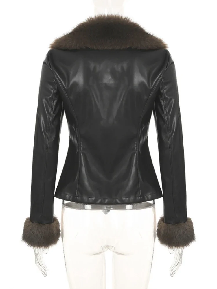 Veste en PU noire esthétique Y2K, manteau vintage à un bouton, streetwear patchwork, coupe couvertes, fourrure grunge, Harajuku, hiver, sexy, 2025