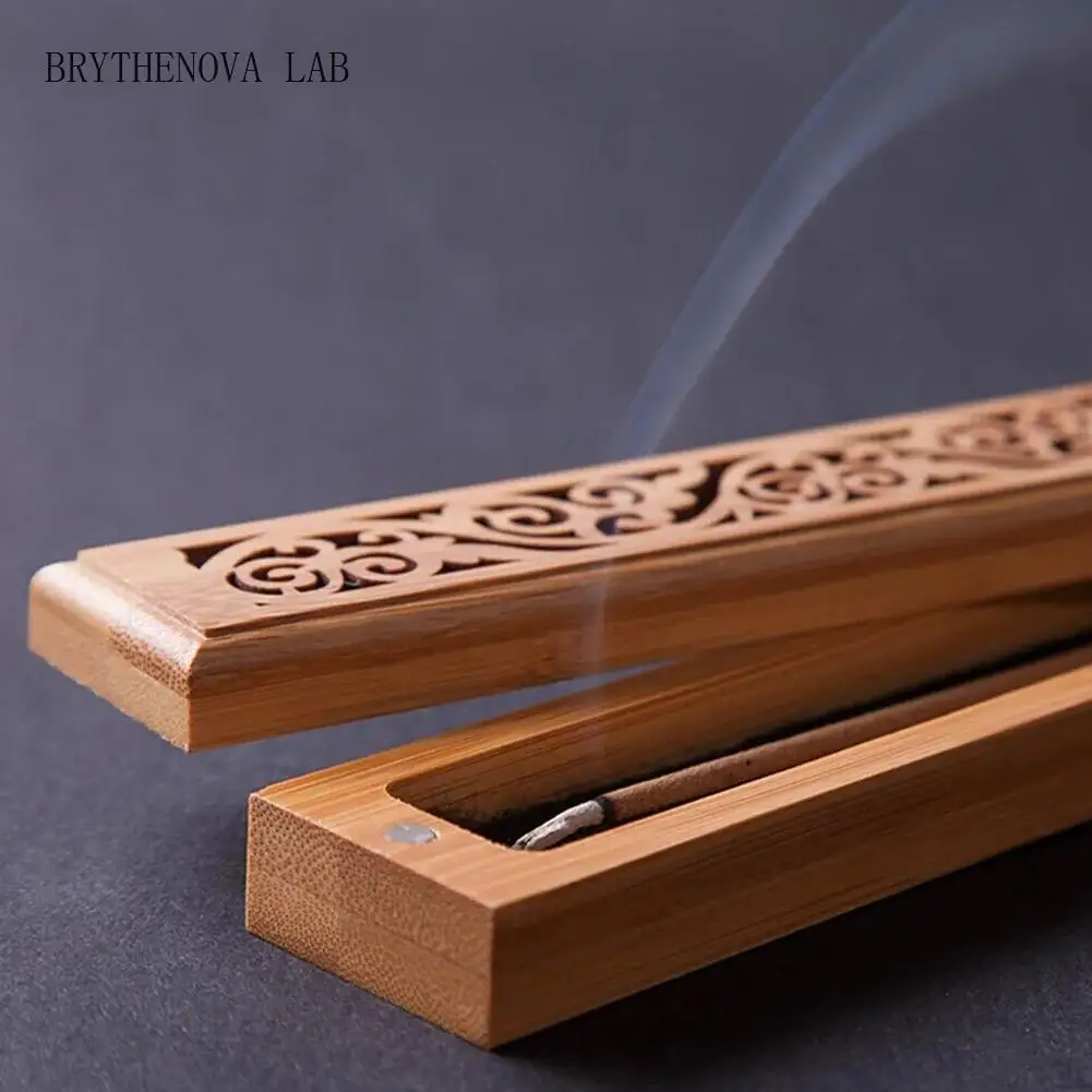 Natural Bamboo Incense Burner with Laying Plate Aromatherapy Wooden Box for Incense Storage Hollowed Burning Line Box