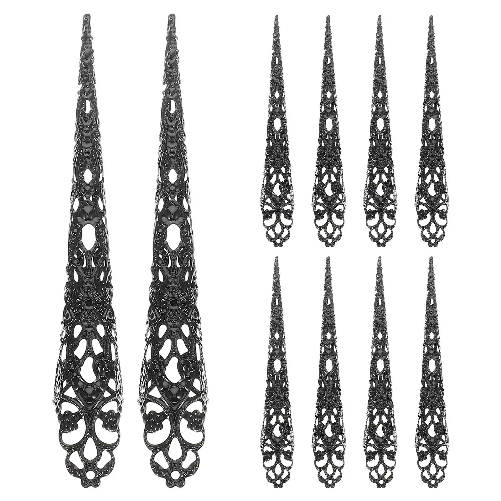 

10 Pcs Long Nail Tip Claws Fake Nails Ring Finger Jewelry Claws Party Metal Tips Acrylic Powders Women Costume Fingertip Claw