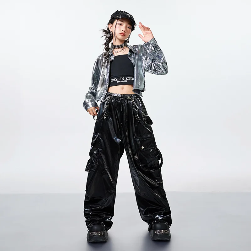 Mädchen Hip Hop Silber Crop Shirt Street Dance Leder Hosen Mode K-pop Coole Jacke Kleidung Sets Gruppe Jazz Bühne tragen Outfits