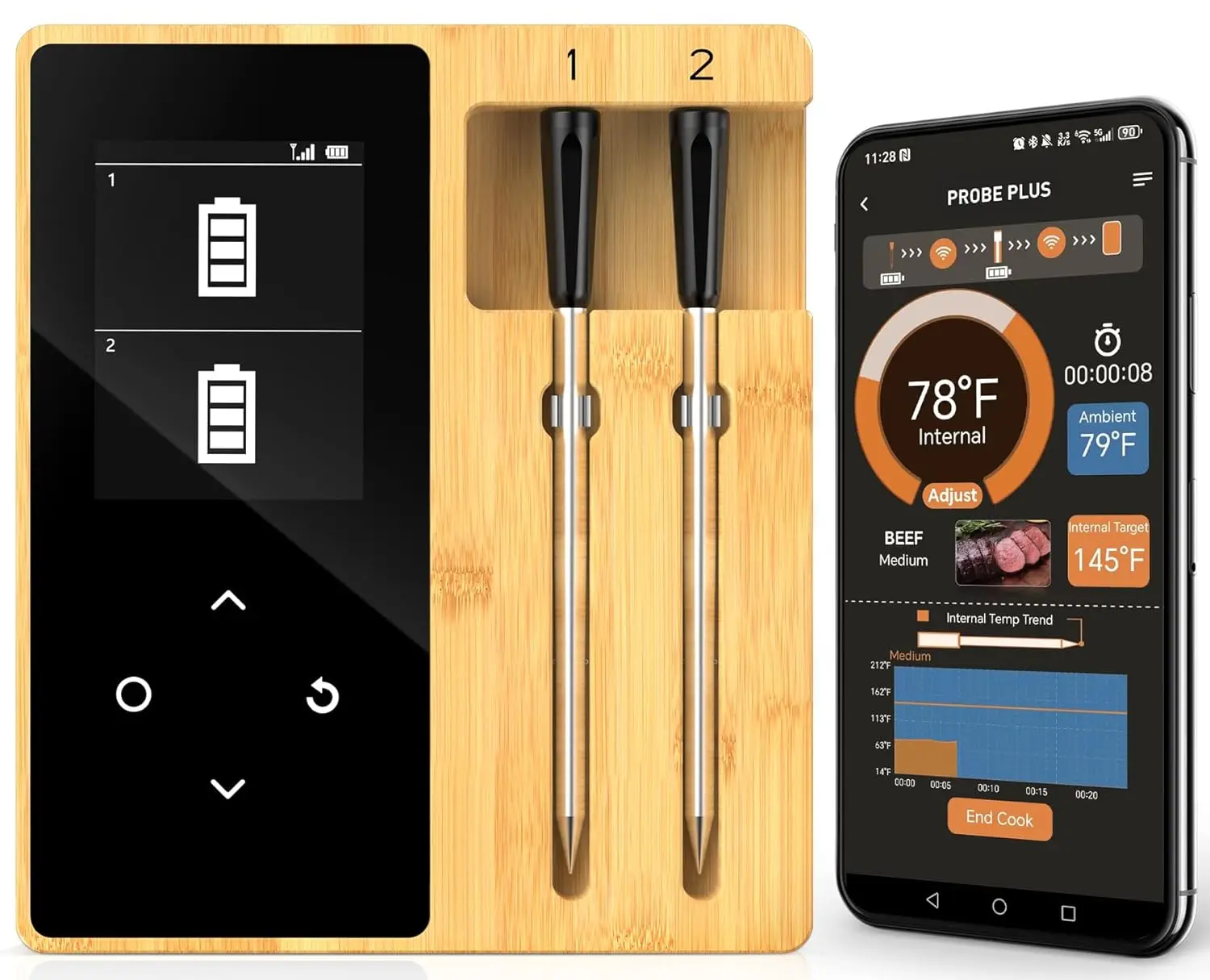 

Беспроводной термометр для мяса с двумя зондами, диапазон Bluetooth 300 футов, водонепроницаемый для приготовления барбекю на гриле