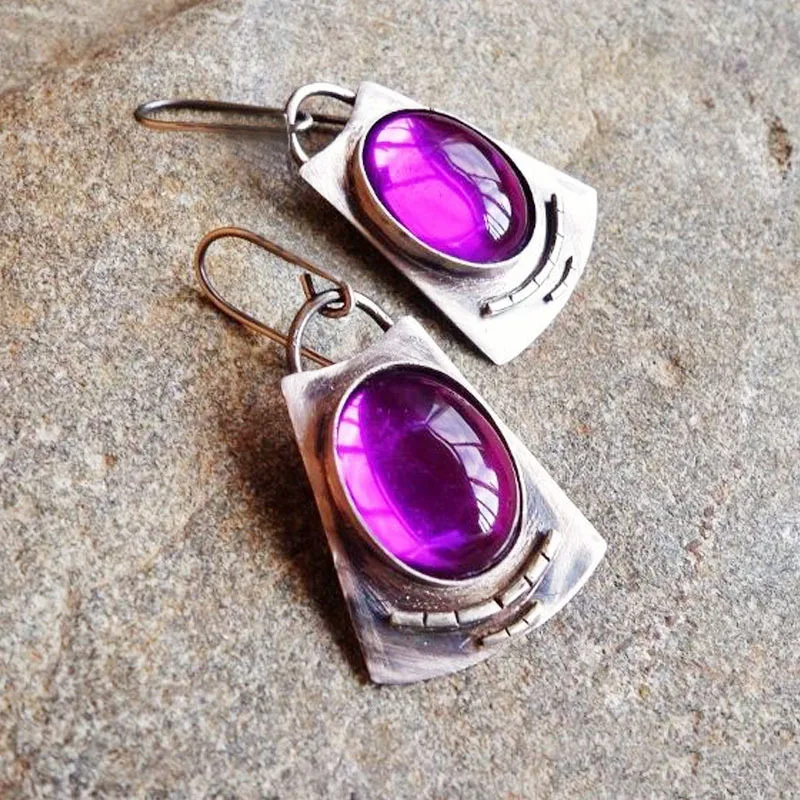 2023 New Fashion Purple Round Resin Hook Earrings Ladies Wedding Party Jewelry Silver Color Red Orange Stone Earring Gifts