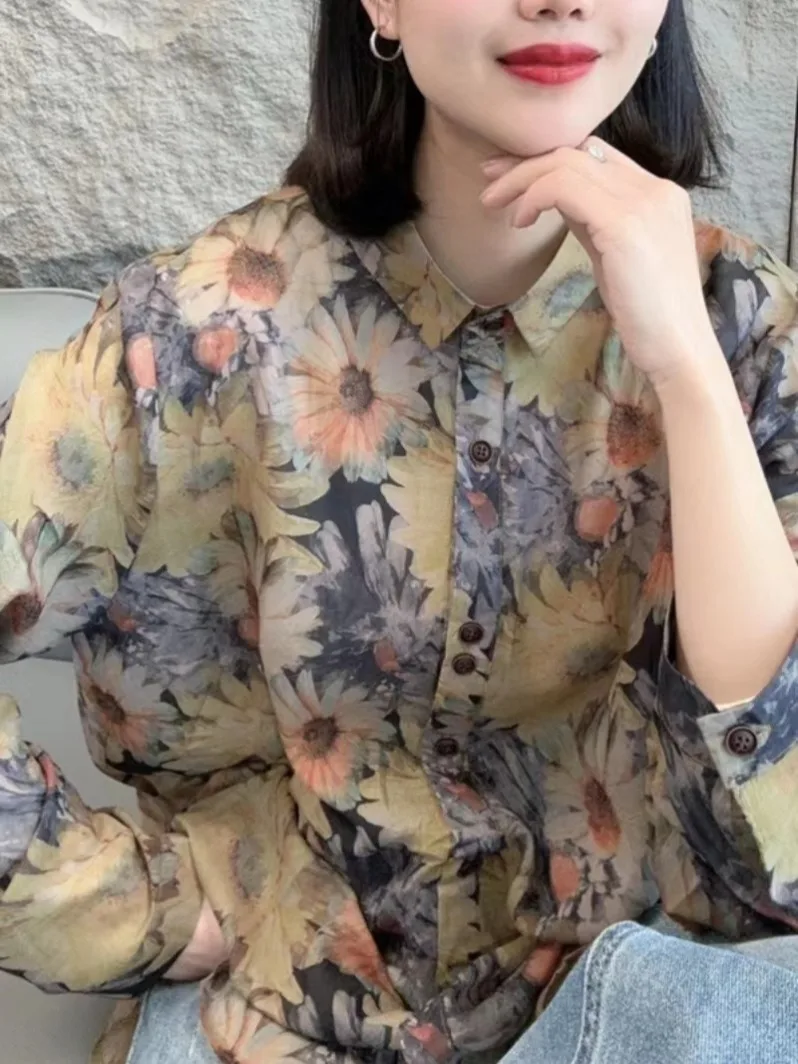 Lâche décontracté coton lin Long Sve mince imprimé irt femmes printemps automne grande taille confortable respirant Faionable