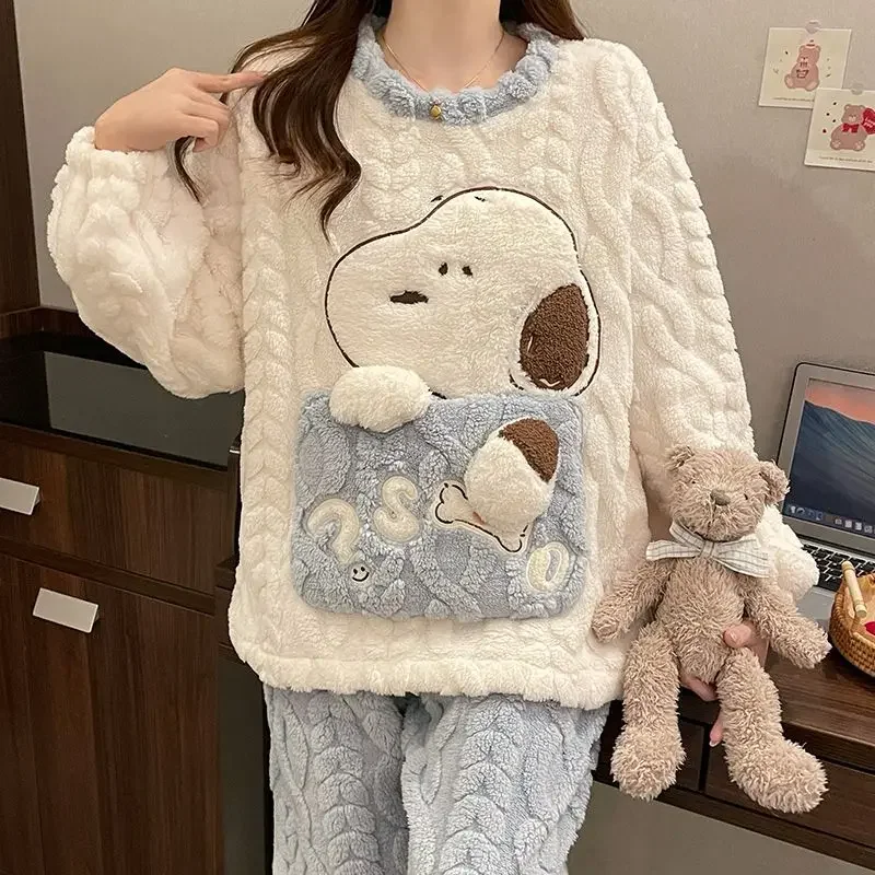 Snoopy Women Pajamas Set Solid Warm 2PCS Sets Thicken Velvet Fleece Set Cartoon Cute Winter Sleepwear Home Suit Loungewear Gifts